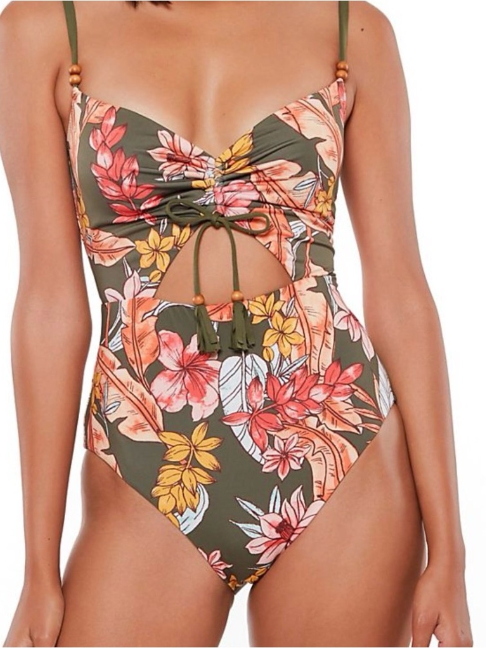 Sanctuary Floral Cutout One-Piece Swimsuit in Fatigue Green